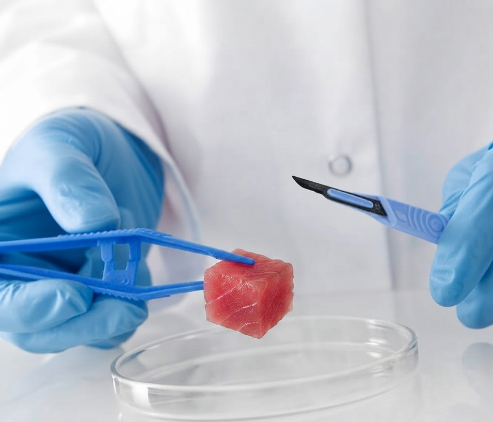 Campionamento di un cubetto di tonno per le analisi di laboratorio